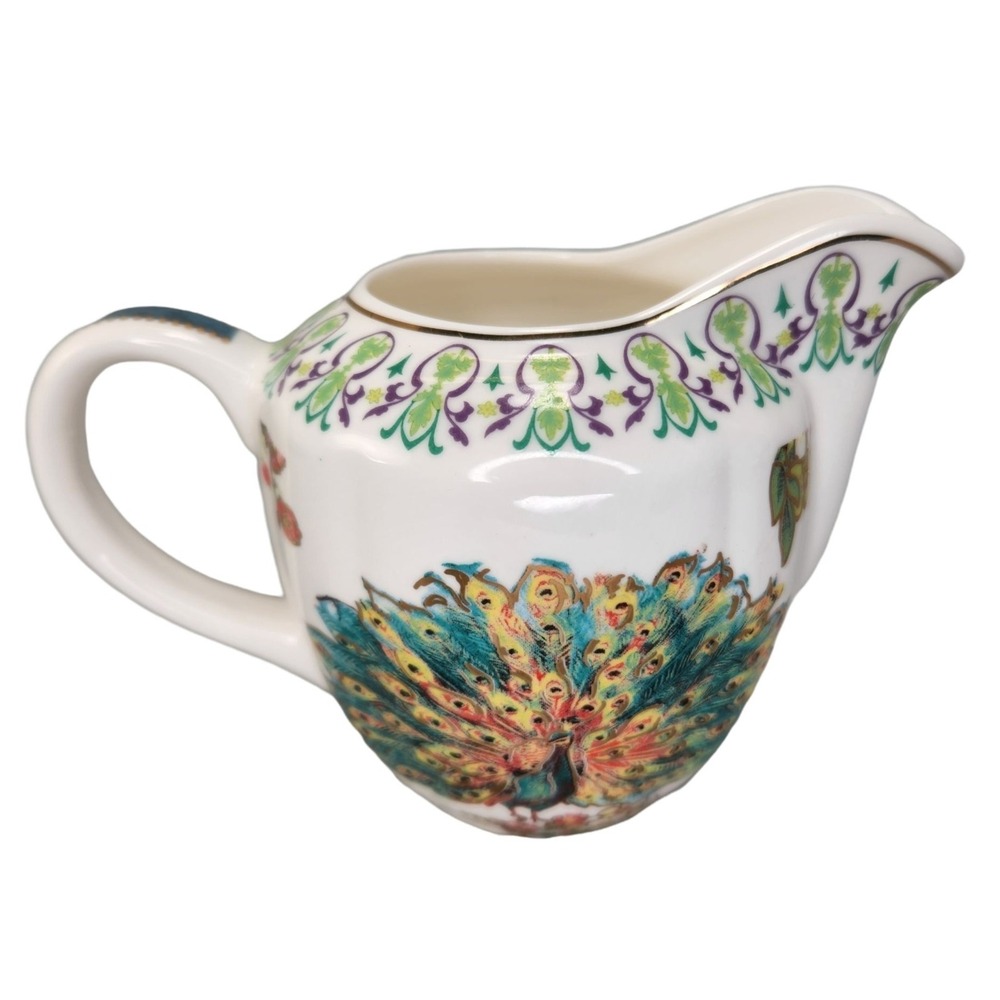 Graces Teaware Peacock Creamer Porcelain White Blue Colorful Gold Trim Butterfly
